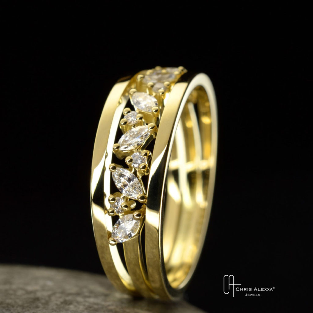 Bague or diamants marquise et contours en or