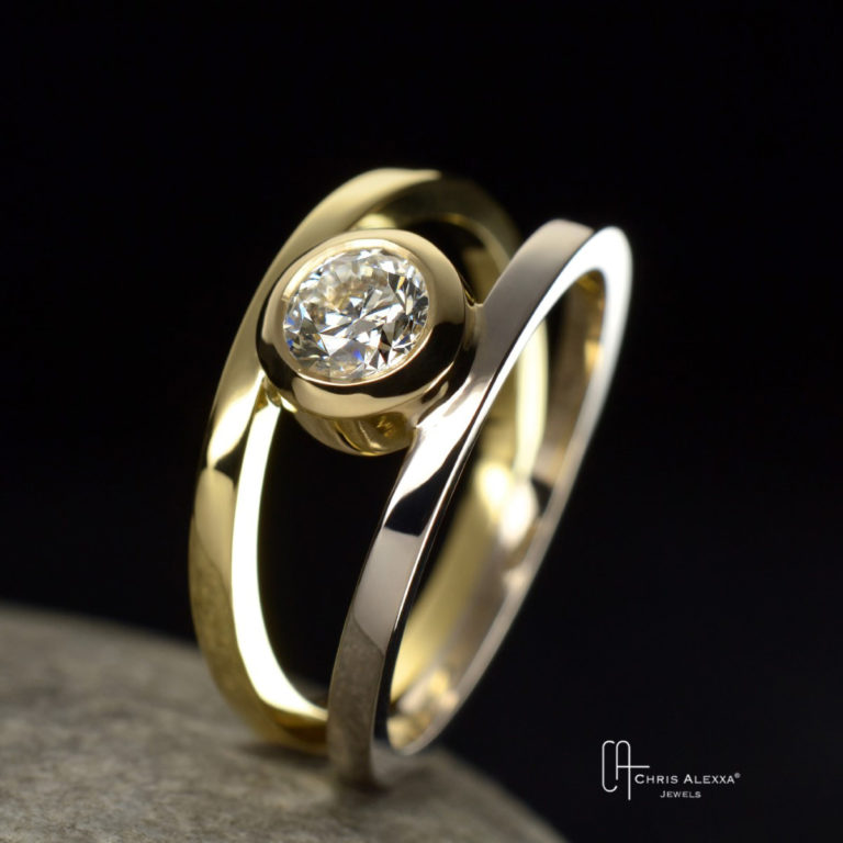 Bague 2 ors blanc et jaune avec diamant solitaire